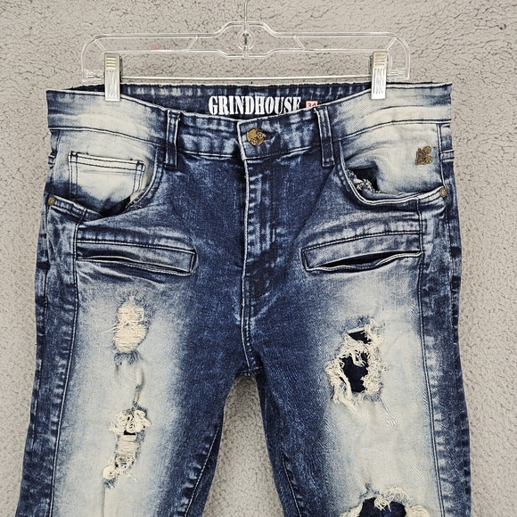 Grindhouse Slim Straight Washed Dark Blue Ripped Stretch Denim Jeans Men 34x32 - Picture 2 of 8